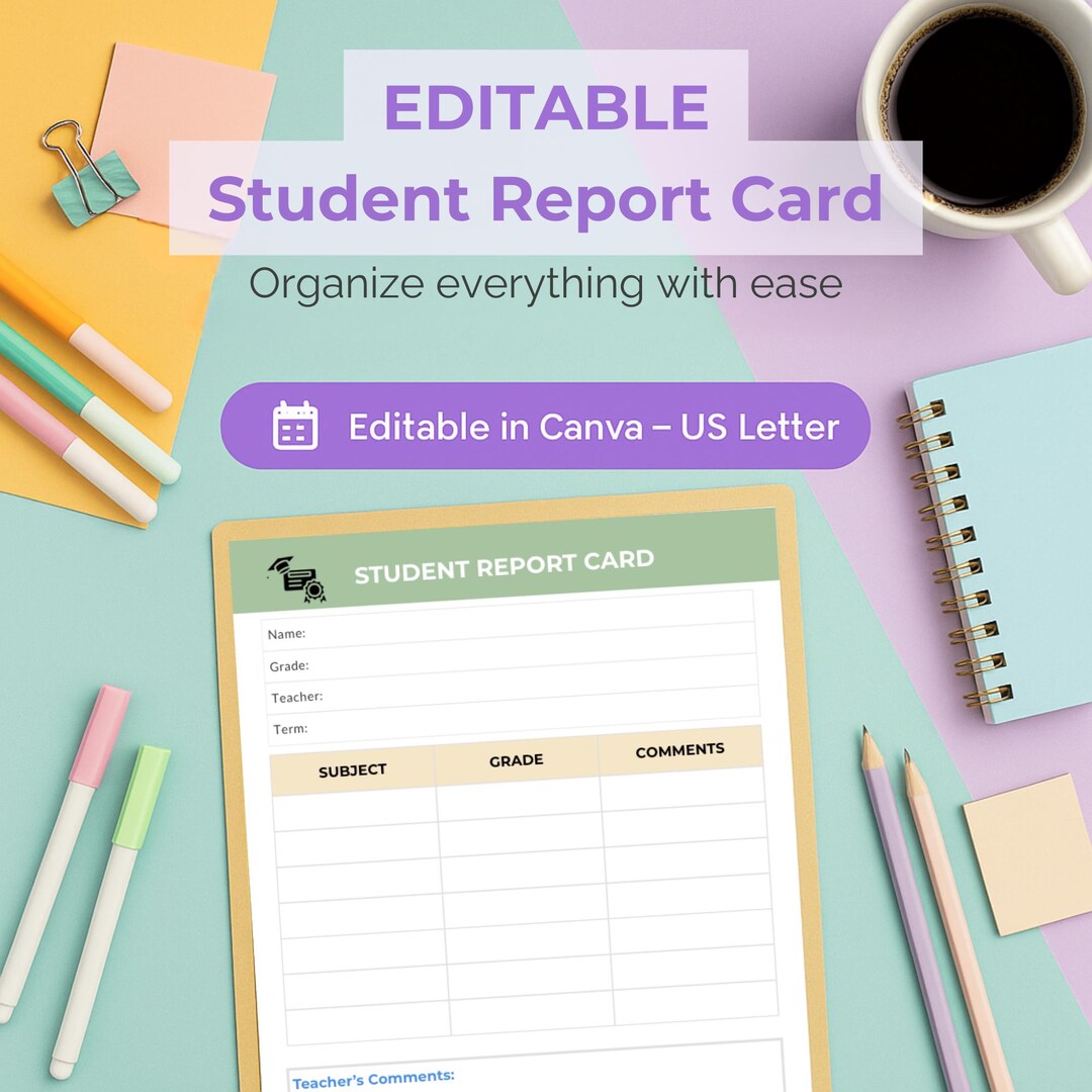 Editable Student Report Card Template | Canva Template | Teacher ...