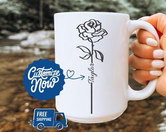 Personalized flower Name Mug, Minimalist Floral Coffee Cup (15oz)