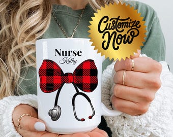 Personalized Nurse Mug: Buffalo Plaid Stethoscope Coffee Cup