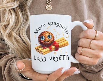 More Spaghetti Less Upsetti Mug, Funny Coffee Mug for Pasta Lovers, Spaghetti Mug, Italian Food Gift, Cute Stress Less Mug