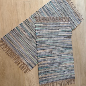 Set of 2 Handwoven Blue Rag Rugs – Hit & Miss Farmhouse Rugs – Recycled Fabric Runner Set – Grandma Stella Loom – Coastal Boho Decor