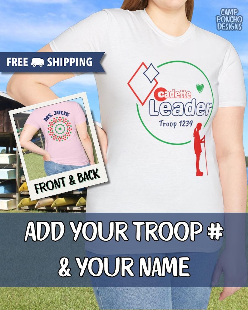 May include: White t-shirt with a graphic design for a Cadette Leader. The design includes a red diamond and a green circle with the words "Cadette Leader" and "Troop 1239". A smaller image shows the back of a pink shirt with a circular design.