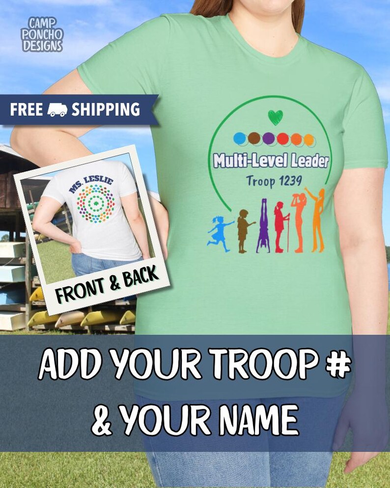 Girl Scout Multi-Level Troop Leader Personalized T-Shirt - Front & Back Mint Green