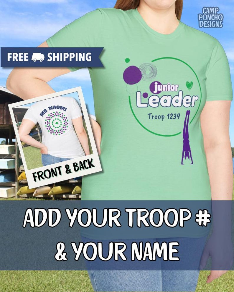 May include: A light green t-shirt with the words "junior Leader" and "Troop 1239" in a circle design. The shirt also features a graphic of a gymnast and the text "Add your troop # & your name". A smaller image shows the back of a white shirt.