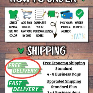 May include: An infographic with instructions on how to order, featuring icons for selecting design, adding items to cart, completing personalization, and choosing payment. The image also shows shipping options.