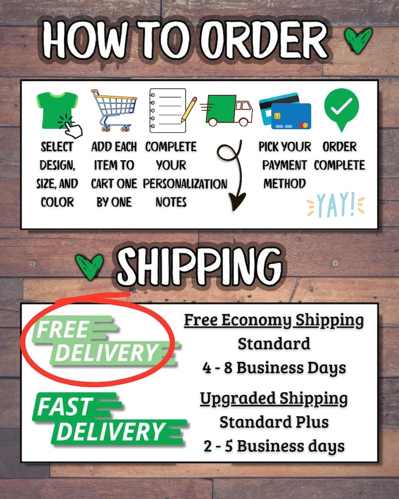 May include: An infographic with instructions on how to order, featuring icons for selecting design, adding items to cart, completing personalization, and choosing payment. The image also shows shipping options.