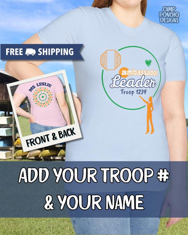 Girl Scout Ambassador Troop Leader Personalized T-Shirt - Front & Back Light Blue