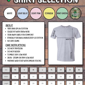 May include: A product selection guide with the text "SHIRT SELECTION" and color swatches. The guide includes details about the shirt's features, care instructions, and size chart with measurements in inches for width, length, and sleeve.