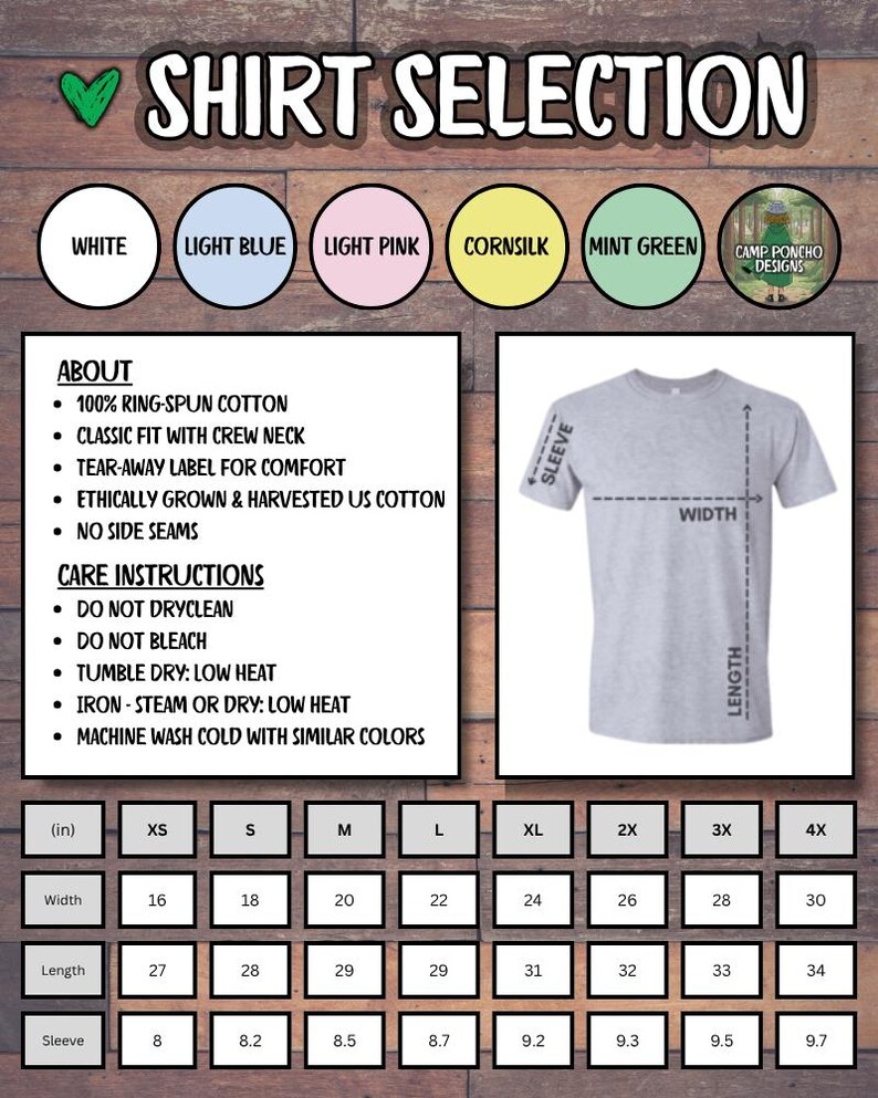 May include: A product selection guide with the text "SHIRT SELECTION" and color swatches. The guide includes details about the shirt's features, care instructions, and size chart with measurements in inches for width, length, and sleeve.