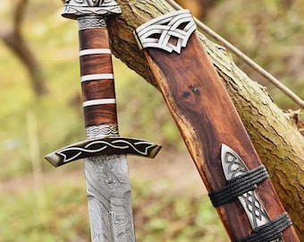 Handmade King Ragnar Lothbrok Damascus Steel Viking Sword: Medieval Replica with Scabbard Best Anniversary Gift