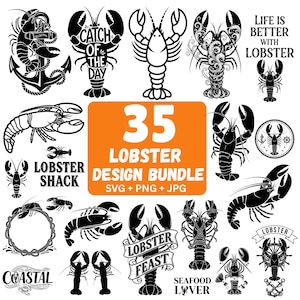 Może przedstawiać: Kolekcja 35 grafik z motywem homara w czerni i bieli. Projekty obejmują różne ilustracje homarów, teksty takie jak "Catch of the Day", "Lobster Shack" i "Seafood Lover" oraz słowa "Lobster Design Bundle".