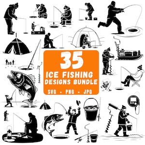 Peut inclure: Un ensemble d'illustrations en noir et blanc comprenant 35 motifs de pêche sur glace. Les motifs comprennent des silhouettes de personnes pêchant sur glace, des tentes, des poissons, des cannes à pêche et des tarières à glace. Le lot comprend les formats de fichiers SVG, PNG et JPG.