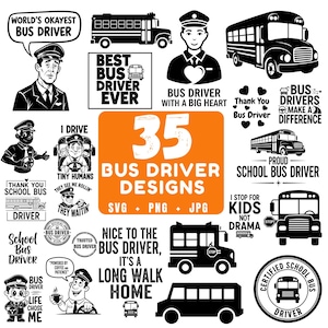 Puede incluir: Una colección de 35 diseños de conductores de autobús en formatos SVG, PNG y JPG. Los diseños incluyen ilustraciones de autobuses escolares, conductores de autobús y texto como "El mejor conductor de autobús" y "Gracias conductor de autobús".