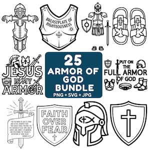 Pode incluir: Ilustrações digitais em preto e branco de elementos de armadura cristã, incluindo uma couraça, capacete, escudo e espada. O texto diz "25 Armor of God Bundle" e "Jesus is my Armor".