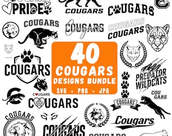 May include: A collection of 40 cougar-themed designs in black and white. The designs include cougar silhouettes, paw prints, text, and graphic elements. The bundle is available in SVG, PNG, and JPG formats.