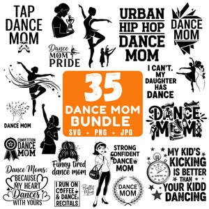 Könnte beinhalten: Eine Sammlung von Designs zum Thema Tanz in Schwarz und Weiß. Enthält Textgrafiken wie "Dance Mom", "Urban Hip Hop Dance Mom" und "My Kid's Kicking is Better Than Your Kidd Dancing". Enthält auch Silhouetten von Tänzern und Ballettschuhen. Ein Bundle von 35 Designs.