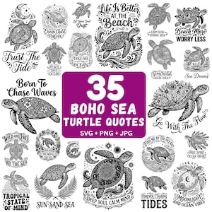 Puede incluir: Una colección de 35 ilustraciones digitales en blanco y negro que presentan tortugas marinas con patrones intrincados, motivos florales y elementos celestiales, junto a varias citas incluyendo 35 BOHO SEA TURTLE QUOTES SVG PNG JPG.