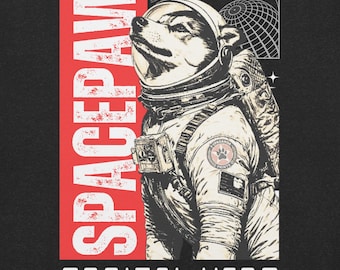 Könnte beinhalten: Grafische Illustration eines Hundes in einem Astronautenanzug, mit dem Text "SPACEPAW" in einem roten vertikalen Rechteck und "ORBITAL HERO" darunter. Der Hund blickt nach oben, mit Weltraum-Elementen im Hintergrund.