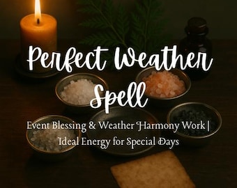 May include: A lit candle, small bowls of salt, and a dark bottle are arranged on a wooden surface. The text "Perfect Weather Spell" is displayed above the bowls. The image suggests a theme of event blessing and weather harmony.
