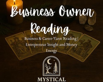 May include: A candle burns beside tarot cards arranged on a dark wooden surface. The cards are labeled with text. The image includes the text "Business Owner Reading" and "Mystical Reid's Hollow".