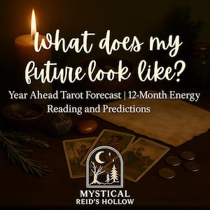 May include: A lit candle next to a bowl of coins and tarot cards. The text reads "What does my future look like?" and "Year Ahead Tarot Forecast | 12-Month Energy Reading and Predictions." The logo for Mystical Reid's Hollow is also visible.