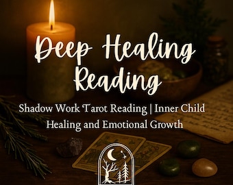 Può includere: Una candela accesa accanto a carte dei tarocchi, cristalli e una ciotola di erbe. Il testo "Deep Healing Reading" è visualizzato sopra il testo "Shadow Work Tarot Reading | Inner Child Healing and Emotional Growth". Il logo Mystical Reid's Hollow è in basso.