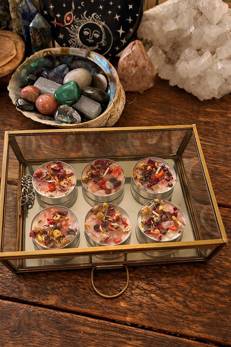 Love Intention Tea Light Candles | Handcrafted Herbal & Crystal Infused ...