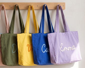 Sac fourre-tout personnalisé en toile, sac fourre-tout avec nom brodé sur fil, grand sac bandoulière avec poche intérieure zippée, compatible avec un ordinateur portable de 15 pouces
