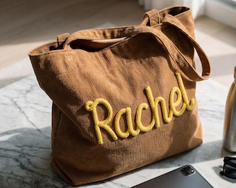 Personalized Teacher Tote Bag, Custom Chenille Letter Laptop Bag, Corduroy School Book Bag, Nursing Student Gift, Work Purse with Pocket