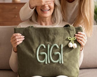 Personalized Gigi Tote Bag, Mothers Day Surprise Gift for Grandma, Custom Corduroy Chunky Yarn Name Purse, Gifts from Grandkids, Nana Tote