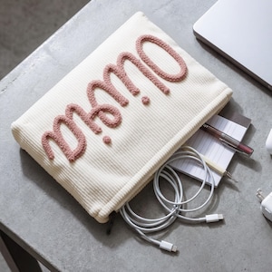 Personalized Tech Pouch, Custom Cable Organizer, Chunky Yarn Name Charger Bag, College Graduation Gift, Corporate Girl Travel Cord Pouch