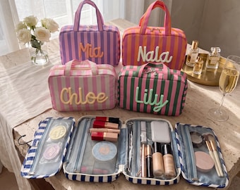 Personalized Hanging Toiletry Bag, Expandable Travel Wash Bag, Custom Striped Cosmetic Organizer, College Dorm Shower Pouch, Bridesmaid Gift