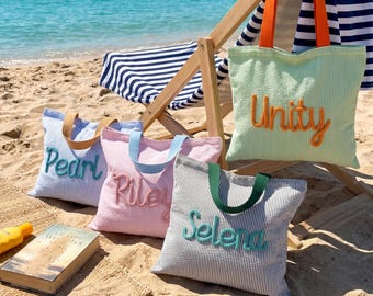 Personalized Seersucker Beach Tote Bag, Bridesmaid Gift, Bachelorette Party Favors, Destination Wedding, Girls Trip Custom Chenille Bag