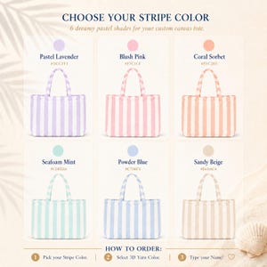 Peut inclure: Un nuancier pour sacs fourre-tout en toile personnalis&eacute;s pr&eacute;sentant six options ray&eacute;es : Pastel Lavender, Blush Pink, Coral Sorbet, Seafoam Mint, Powder Blue et Sandy Beige. Chaque sac affiche des rayures verticales de sa couleur.