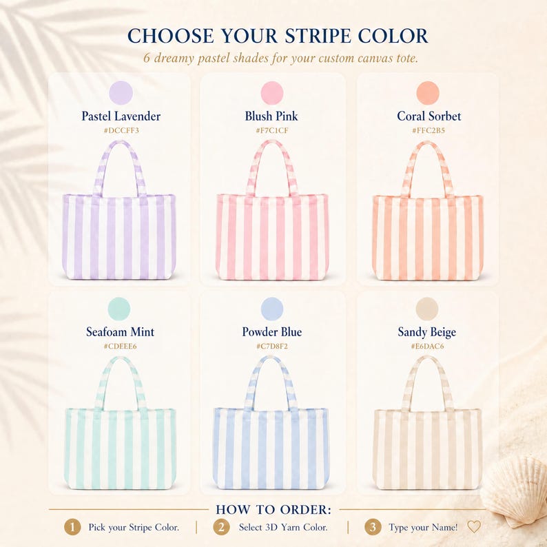 Peut inclure: Un nuancier pour sacs fourre-tout en toile personnalis&eacute;s pr&eacute;sentant six options ray&eacute;es : Pastel Lavender, Blush Pink, Coral Sorbet, Seafoam Mint, Powder Blue et Sandy Beige. Chaque sac affiche des rayures verticales de sa couleur.