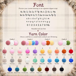 May include: A font and yarn color selection chart featuring an elegant script alphabet, numbers, and a rounded font style. Below, twenty-eight numbered circular yarn swatches in various solid colors are displayed alongside four curated ombre combos.