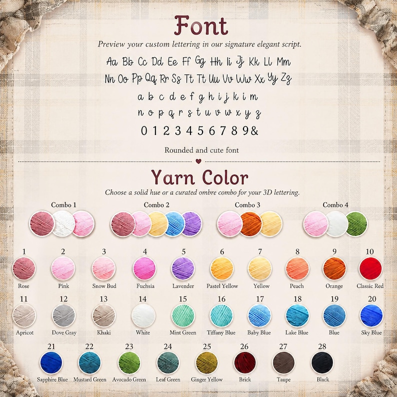 May include: A font and yarn color selection chart featuring an elegant script alphabet, numbers, and a rounded font style. Below, twenty-eight numbered circular yarn swatches in various solid colors are displayed alongside four curated ombre combos.
