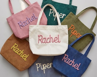 Custom Corduroy Tote Bag, Chenille Letter Bridesmaid Gift, Personalized Maid of Honor Bag, Bachelorette Party Favor, Soft Shoulder Bag