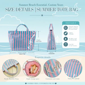 May include: A striped tote bag in pink and blue with two handles. Dimensions are 17.3 inches bottom length, 12.2 inches height, and 4.9 inches width. The bag features a glossy PVC finish, customizable name text, and an open interior compartment.