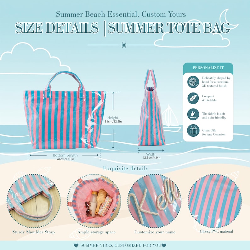 May include: A striped tote bag in pink and blue with two handles. Dimensions are 17.3 inches bottom length, 12.2 inches height, and 4.9 inches width. The bag features a glossy PVC finish, customizable name text, and an open interior compartment.
