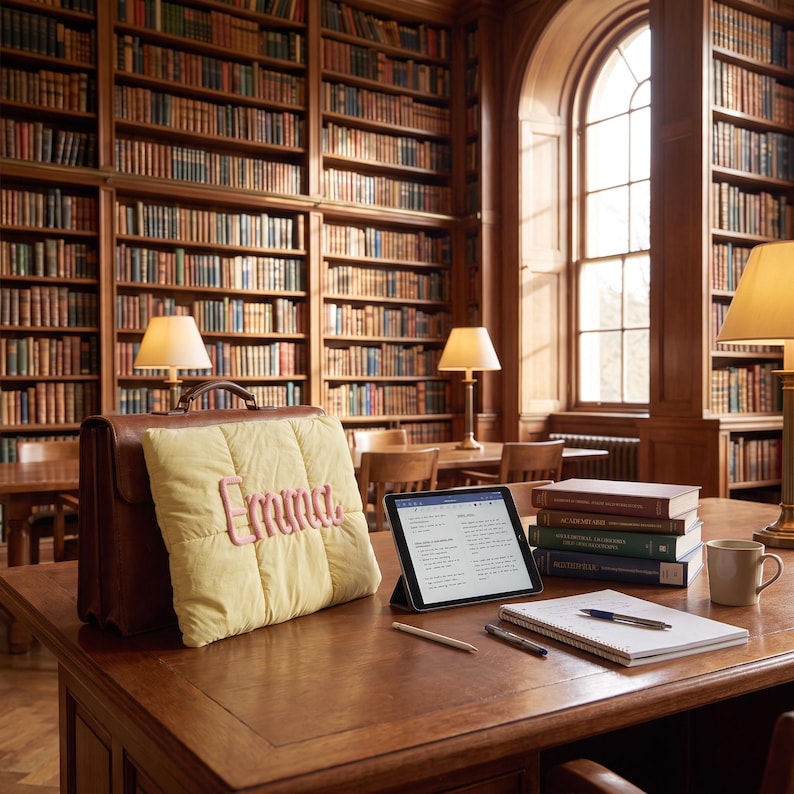 May include: A pale yellow quilted pillow featuring the name Emma in pink script lettering, positioned next to a brown leather briefcase, a tablet displaying text, a stack of three hardcover books, a spiral notebook, and two pens on a wooden desk.