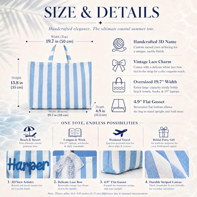 Peut inclure: Un sac fourre-tout &agrave; rayures bleu clair et blanc mesurant 35 cm de hauteur, 50 cm de largeur et 12,5 cm de profondeur. Il comprend un nom en relief 3D, un n&oelig;ud en dentelle blanche et un fond plat structur&eacute; pour rester debout.
