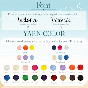 May include: A font and yarn color selection chart featuring two script styles labeled F1 and F2, alongside four ombre yarn combinations and a palette of sixteen solid yarn colors including white, pink, yellow, blue, red, green, and black.