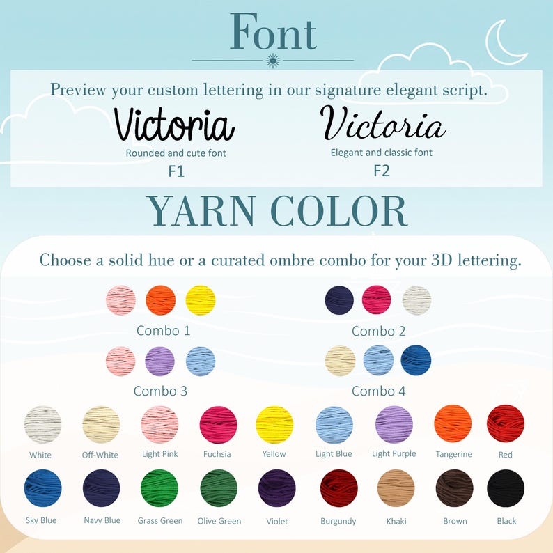 May include: A font and yarn color selection chart featuring two script styles labeled F1 and F2, alongside four ombre yarn combinations and a palette of sixteen solid yarn colors including white, pink, yellow, blue, red, green, and black.