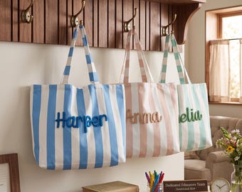 Borsa tote a righe in tela, borsa tote con nome insegnante, borsa tote per il ritorno a scuola, borsa tote con nome in filato, borsa tote stile costiero, borsa tote da lavoro, borsa tote per laptop, borsa tote da spiaggia