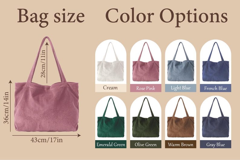 May include: A rose pink corduroy tote bag with two shoulder straps. Text reads Bag size and Color Options. Dimensions are 17 inches wide by 14 inches high with an 11 inch strap drop. Eight color variations are shown: cream, rose pink, light blue, french blue, emerald green, olive green, warm brown, and gray blue.