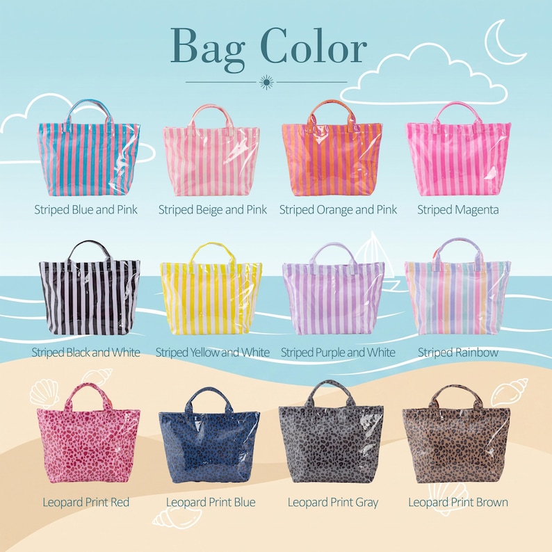 May include: A collection of twelve tote bags displayed in a grid. The top two rows feature striped patterns in blue and pink, beige and pink, orange and pink, magenta, black and white, yellow and white, purple and white, and rainbow. The bottom row shows leopard print patterns in red, blue, gray, and brown. Each bag has two handles and a rectangular shape.