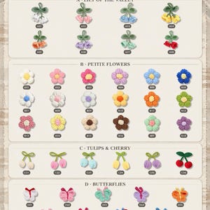 May include: A selection chart titled CHOOSE YOUR ICON featuring crochet appliques categorized into four groups: A Lily of the Valley, B Petite Flowers, C Tulips & Cherry, and D Butterflies. Each item has a unique alphanumeric code for identification.