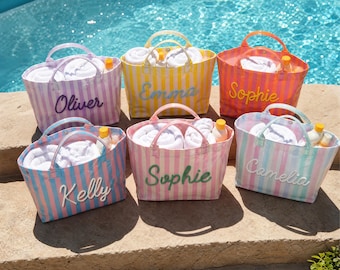 Personalized Striped PVC Tote Bag, Custom Name Beach Tote for Bridal Party, Destination Wedding Gift for Bridesmaid