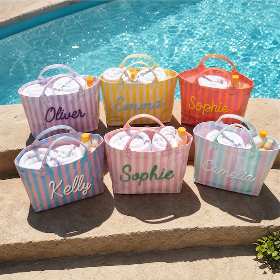 Personalized Striped PVC Tote Bag, Custom Name Beach Tote for Bridal Party, Destination Wedding Gift for Bridesmaid